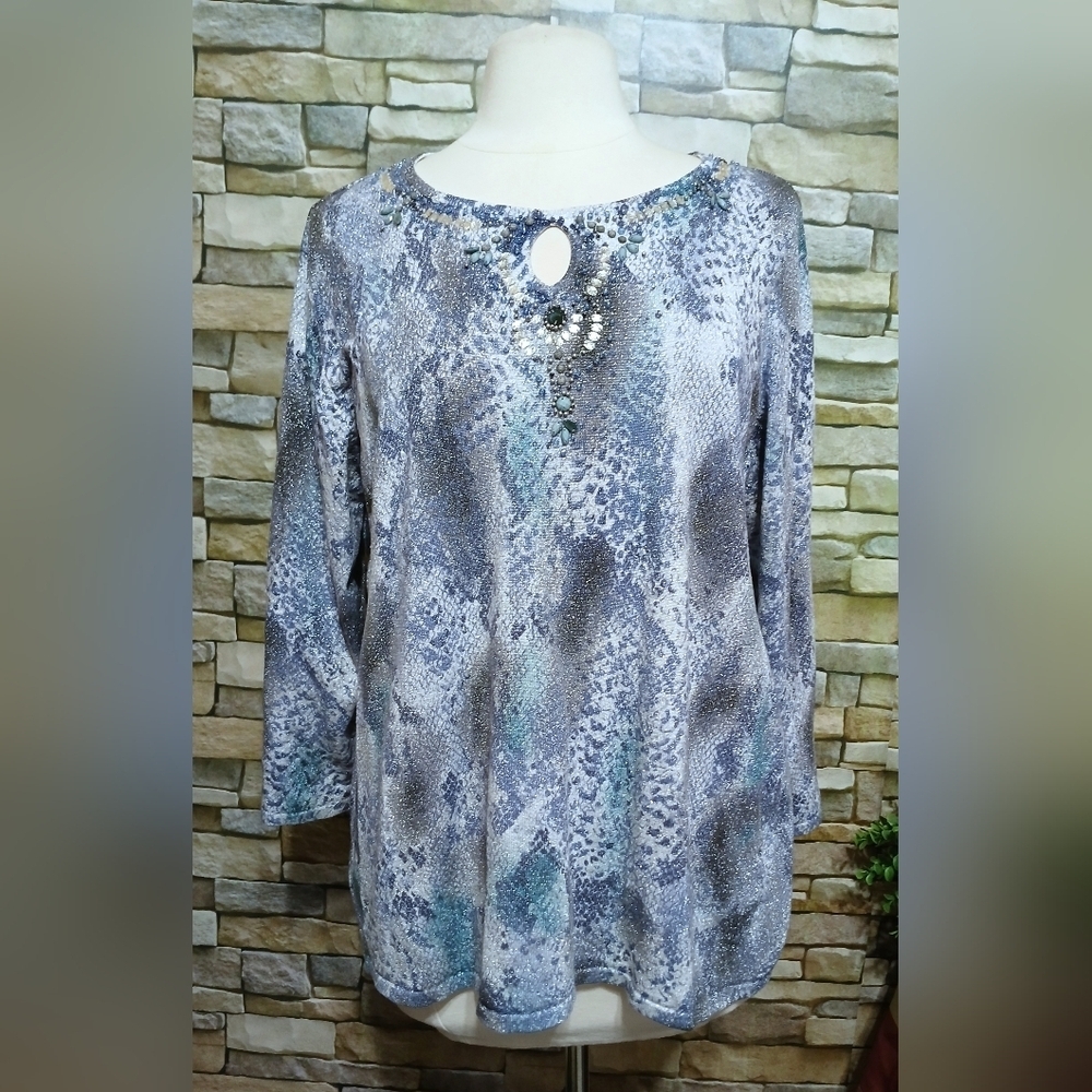 Alfred Dunner 1X Blue Gray Python Snakeskin Metallic Blouse Sequined